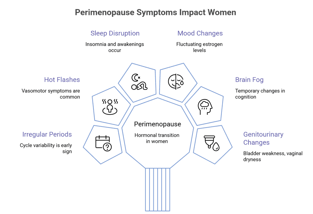 Infographic titled ‘Perimenopause Symptoms Impact Women’ showing common symptoms: hot flashes, irregular periods, sleep disruption, mood changes, brain fog, and genitourinary changes, around a central ‘Perimenopause’ label.