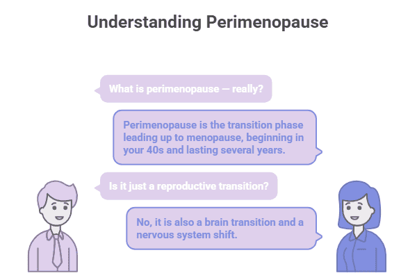 Infographic: Perimenopause is the transition to menopause and involves brain and nervous system shifts.