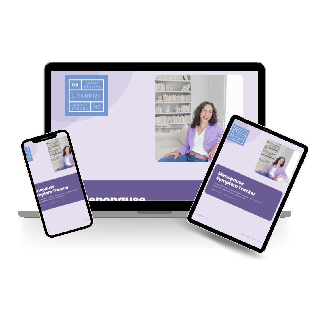 Digital menopause and perimenopause symptom tracker PDF by Dr. Lisa Tabrizi displayed on a laptop, tablet, and mobile phone for easy symptom tracking across devices.