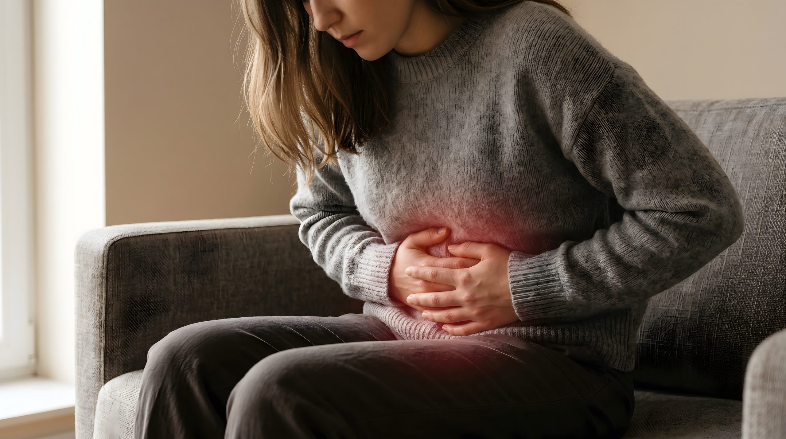 A young woman experiencing intense abdominal pain and discomfort, seated on a couch and clutching her stomach.