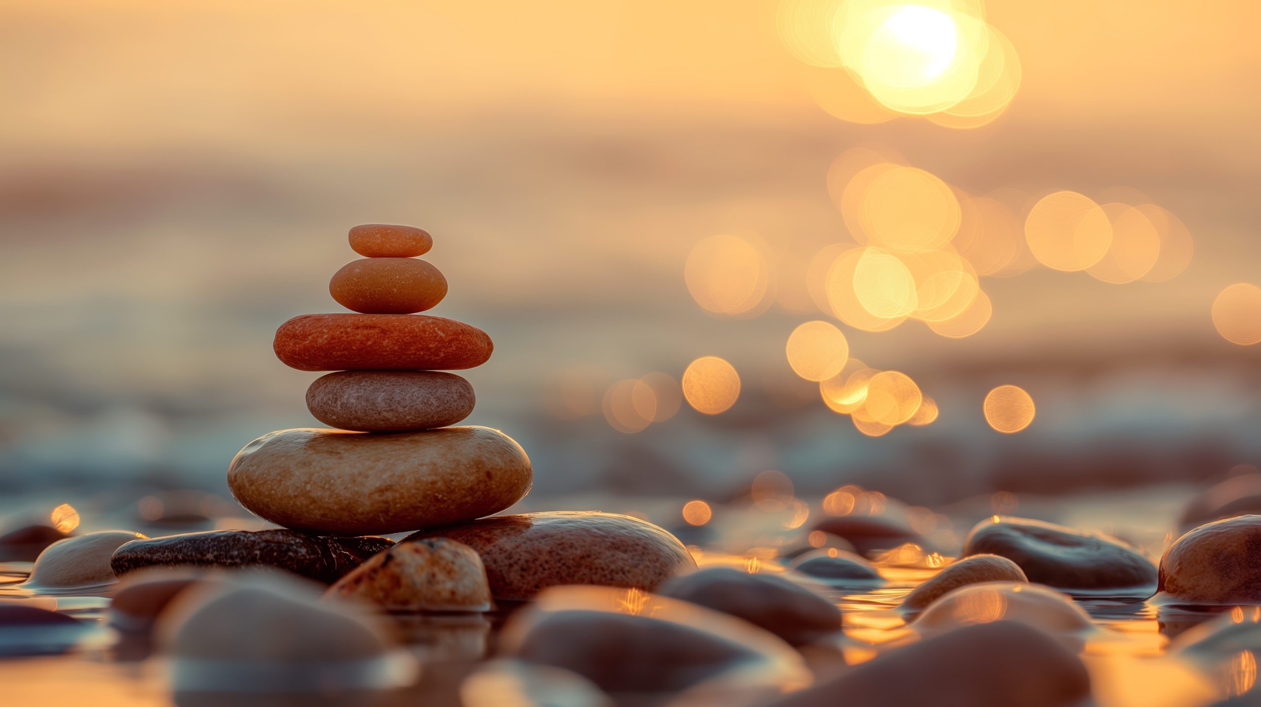 A pile of pebbles by water at sunset, meditation, peace, mindfulness and calm.