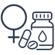 Black line icon showing menopausal therapy pills and bottle.