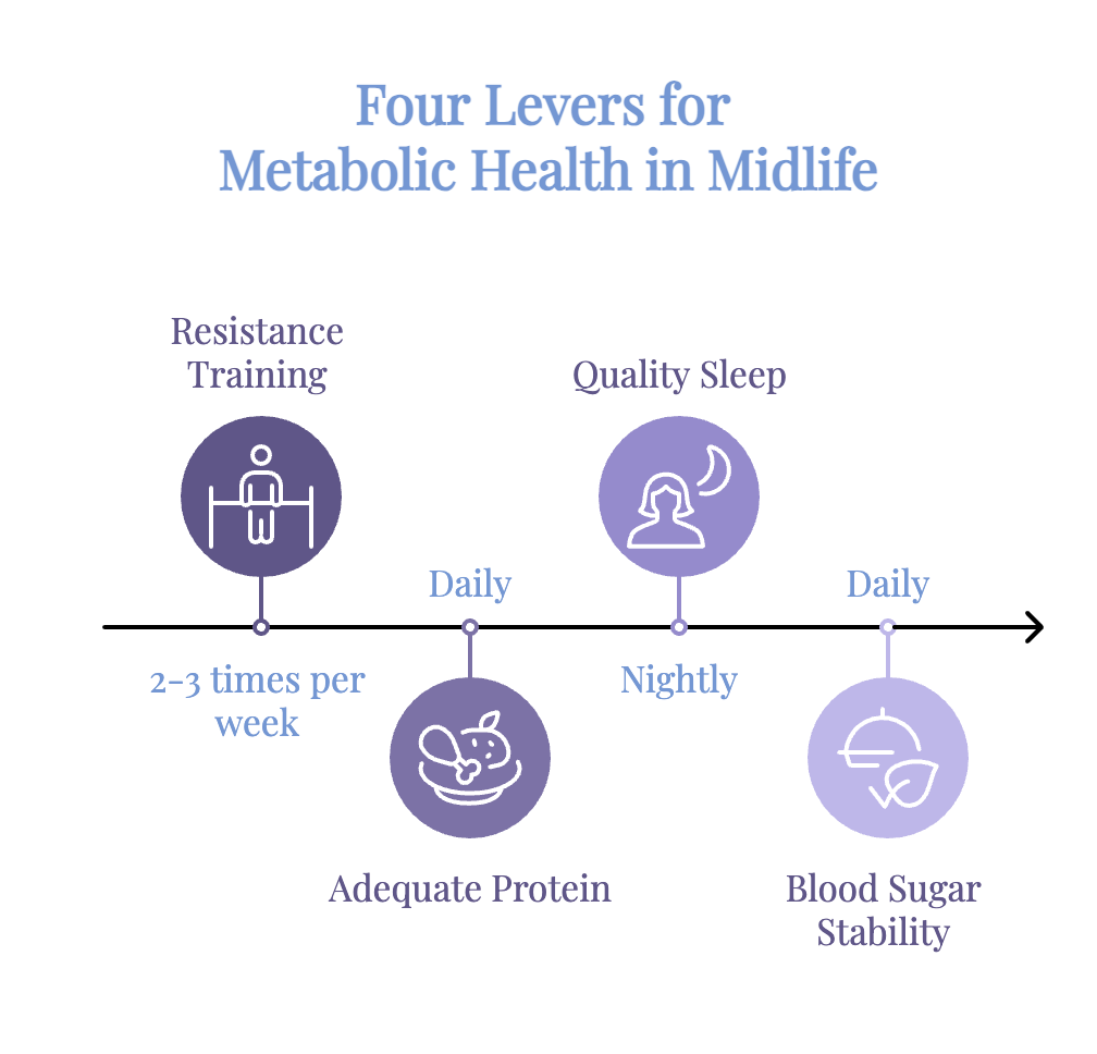 Timeline infographic showing four habits for metabolic health in midlife: resistance training 2-3 times per week, adequate protein daily, quality sleep nightly, and blood sugar stability daily.