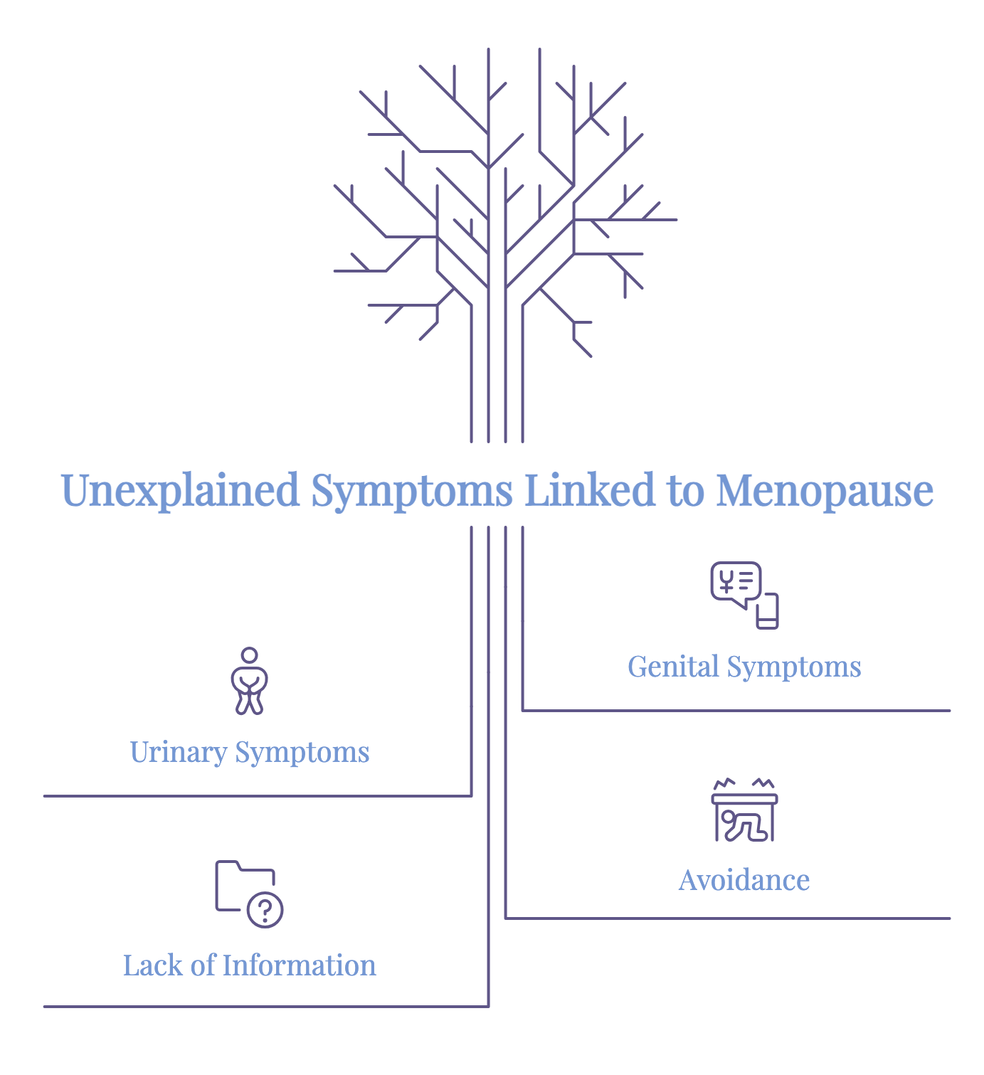 Infographic illustrating unexplained symptoms linked to menopause, including urinary and genital symptoms, avoidance of activities, and lack of information.